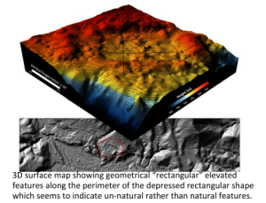 3D surface map showing geometrical 'rectangular' elevated features along the perimeter of the depressed rectangular shape which seems to indicate un-natural rather than natural features.