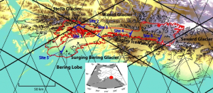 Satellite altimeter tracks over the Bering Glacier in Alaska.