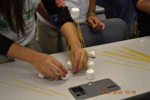 High school students who attended Science Extravaganza participated in hands-on activities that provided a small sampling of the STEM fields. Here, students were asked to assemble basic but sturdy structures using uncooked pasta and marshmallows. 
