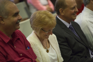 Zerda (center) at her surprise retirement party in August 2014.