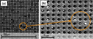 LEFT: The system being developed by Cullen College Researchers diagnoses disease by blocking holes with pathogens and some other connected material, in this case silver particles, preventing light from shining through. RIGHT: A close-up of nanoholes blocked by these particles.