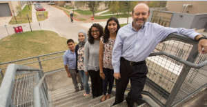 The steps to success include winning scholarships for these UH engineering students: (L-R) Harry Diaz, Rawan Almallahi, Sharon John and Priya Patel. Leading the way (far right) is Undergraduate Program Director for the Chemical Engineering Dept. Micky Fleischer