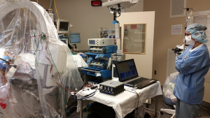Ilknur Telkes in her work arena, an operating room at Baylor College of Medicine