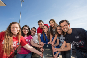 A proud SHPE UH executive board: (L-R) Katherine Velasco, historian; Belinda Herrera, new member rep.; Luis Espinoza, VP for external affairs; Daniel Cariel, VP for internal affairs; Maria Violeta Paez, president; Diana Enriquez, regional rep.; Samantha Bryant, secretary; Oscar Rodriguez, treasurer