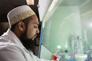 Biomedical engineering Ph.D. student Taha Salim studies the synergistic relationship between two proteins that are key drivers of immune responses following an infection.