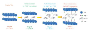 This schematic shows the structural evolution of titanium disulfide at different stages of intercalation. Interlayers are expanded or distorted as different amounts of pillaring molecules, complex cations and solvents are intercalated into the van der Waals gap of a host material at each stage.