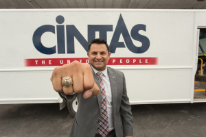 Eric Ayanegui proudly shows off his UH class ring at the Cintas facility in Houston.