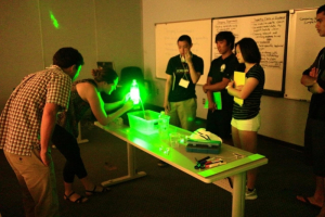 Gwen Musial (second from left) demonstrates total internal reflection through a waterfall