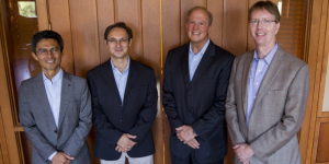 From left to right, Professors Jose L. Contreras-Vidal and Marco Santello pose for a photo with Deans Joseph W. Tedesco and Kyle Squires, of the University of Houston’s Cullen College of Engineering and ASU’s Ira A. Fulton Schools of Engineering, respectively, at Old Main on the Tempe campus, June 29. Santello and Contreras-Vidal lead the ASU and UH sites for the new National Science Foundation-funded Building Reliable Advancements in Neurotechnology, or BRAIN, an Industry–University Cooperative Research Ce