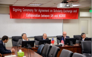 UH engineering professors Mina Dawood, far left, and Roberto Ballarini, Thomas Hsu, last two on far right, with Shyh-Jiann Hwang, NCREE deputy director and Kuo-Chun Chang, NCREE director general, at the signing ceremony..