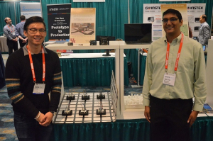 Kaushik Mandiga and Denny Luong, electrical and computer engineering students at the Cullen College of Engineering, display robotic projects at the 2018 ECEDHA Conference.