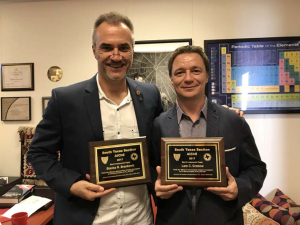 Stanko Brankovic and Lars Grabow, two UH Cullen College of Engineering professors, accept the STS-AIChE Best Fundamental Paper Award.