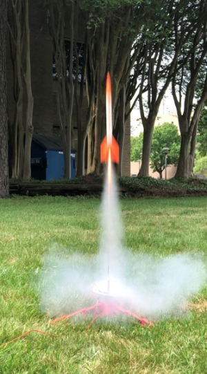 A close up of the rocket launch outside the UH Cullen College of Engineering at the 2018 Girls Engineering the Future! Photo credit: Daniel Kolodziejcyk, UH AIAAA.