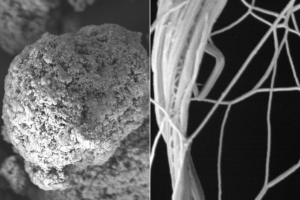 By mixing polymer powder in solution to generate a film that they then stretched, researchers have changed polyethylene's microstructure, from spaghetti-like clumps of molecular chains (left), to straighter strands (right), allowing heat to conduct through the polymer, better than most metals. Credit: Image courtesy of Ji Liu, Shaoting Lin, and Xinyue Liu (Gang Chen et al).