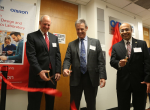 The Omron Senior Design and Robotics Laboratory ribbon cutting with Joseph Tedesco, UH Cullen College of Engineering dean; Robb Black, president and CEO of Omron Automation Americas and Badri Roysam, rofessor and department chairman of the electrical and computer engineering department.