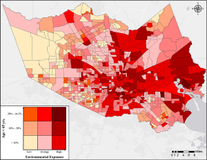 The vulnerability of population age group 65 and older to environmental pollution, based on ozone, PM2.5, NOx, pollutant releases, and proximity to polluted sites.