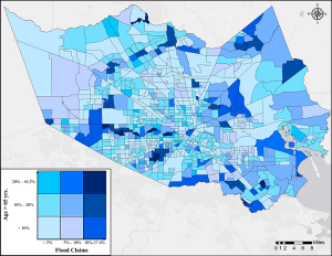 The vulnerability of population age group 65 and older to flooding based on percentage of claims filed with FEMA, post-Harvey.