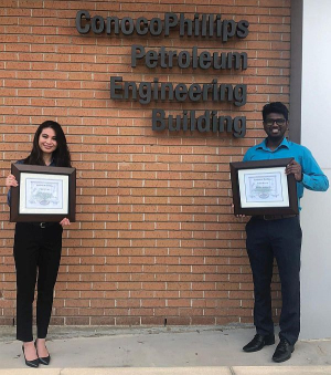 Two Cullen College of Engineering students studying Petroleum Engineering took home first place awards at the 61st annual SPWLA International contest. Makpal Sariyeva [left] won first place in the Oral Presentation Undergrad Category. Naveen Krishnaraj, a doctoral candidate, won first place in the Oral Presentation PhD Category. 