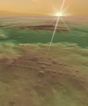Lidar-based 3D image of the site of Buenavista on the day of sunrise alignment. Image by Takeshi Inomata, University of Arizona.