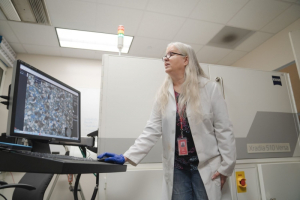 Lori Hathon, an assistant professor in the Petroleum Engineering Department, working in one of the department's new labs in March 2020.
