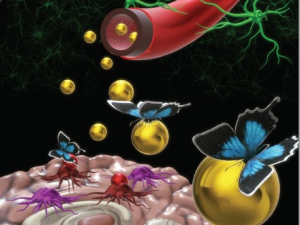 In this artistic illustration, prepared by Majd's former student You Jung Kang, IL13 ligands (represented by butterflies) carry the Dp44mT-loaded nanoparticles (represented by honey) from the vein (represented by red pipe) to the tumors (represented by the purple and red bugs), feeding and destroying the tumors. 