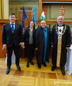 Yasemin and Metin Akay [second and third from left] pose with officials from Hungary after Metin Akay received his honorary doctorate.