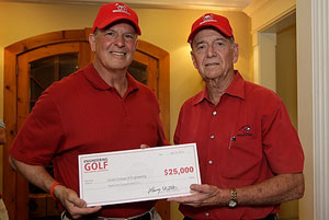 Dean Joseph Tedesco accepts a $25,000 check from Professor Larry Witte, chair of the UH Engineering Golf Committee. Photo by Tom Shea.