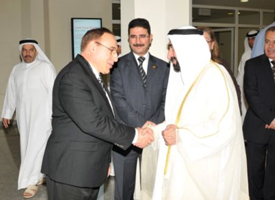 Cullen College Biomedical Engineering Chair Metin Akay greets His Highness Sheikh Dr. Sultan Bin Mohammad Al Qasimi, member of the Supreme Council of United Arab Emirates and ruler of Sharjah, during the Middle East Conference on Biomedical Engineering. 