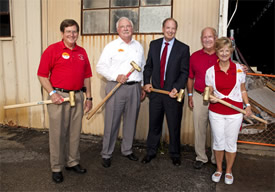 The Y demolition crew: John Odis Cobb (BSCE '71, MSCE '79), William Fendley (BSCE '71), Cullen College Dean Joseph Tedesco, Charles Beyer (BSCE '72, MSCE '77) and Nancy Beyer. 