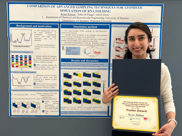 Kosar Rahimi, a Ph.D. candidate in the Chemical and Biomolecular Engineering Department, poses with her award in front of her poster.