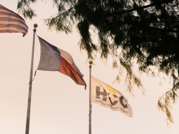 An exterior shot of the flags flying at the Houston Community College's Fraga Campus. The University of Houston's Cullen College of Engineering and HCC will be partnering to create an Engineering Academy on the campus.