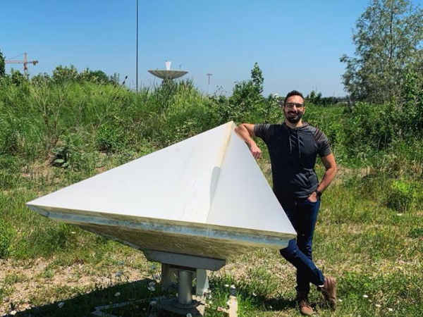Pietro Milillo, an Assistant Professor in the Civil and Environmental Engineering Department at the University of Houston's Cullen College of Engineering, stands near one of the corner reflectors at the German Aerospace Center Base in Munich that will be used for a new study. The study is funded by a $200,000 grant from NASA.