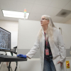 Lori Hathon, an assistant professor in the Petroleum Engineering Department, working in one of the department's new labs in March 2020.