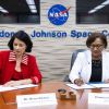 UH System Chancellor Renu Khator and JSC Director Vanessa Wyche sign an extension of a longtime partnership.