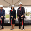 A ceremonial groundbreaking for Sugar Land Academic Building 2, featuring [left to right] Jay Neal, Associate Vice President and Chief Operating Officer for University of Houston at Sugar Land and University of Houston at Katy; Renu Khator, chancellor of the University of Houston System and president of its flagship University of Houston campus; and Joseph W. Tedesco, Elizabeth D. Rockwell Dean of the Cullen College of Engineering.