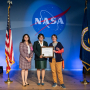 Kimia Seyedmadani [center], a biomedical engineering student pursuing her doctorate, received the NASA Silver Achievement award during a ceremony in December. She is flanked by [left] Dr. Katayoun Madani, Global Surgery Policy and Advocacy Baker Institute Fellow and clinical instructor of global surgery at Baylor College of Medicine; and [right] Michelle Fireling, Director of Human and Health Performance at NASA.