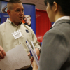 EPCO Inc. recruiter John Jewitt visits with a student at the 2008 Engineering and Technical Career Fair held on Feb. 6. EPCO Inc. was a platinum sponsor for the event, along with Baker Hughes, CGGVeritas, Fluor Daniel, Jacobs Engineering and Kiewit Corporation. Photo by Todd Spoth.