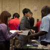 Engineering students network with industry professionals at a recent career fair.