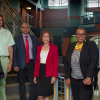 Rice University, Texas Southern University and the University of Houston have won a National Science Foundation grant to help underrepresented minorities pursuing academic careers in engineering and science. The principal investigators are, from left: Reginald DesRoches and Canek Phillips of Rice, Pradeep Sharma and Hanadi Rifai of the University of Houston, Yvette Pearson of Rice and Wei Wayne Li of Texas Southern University. (Credit: Jeff Fitlow/Rice University)